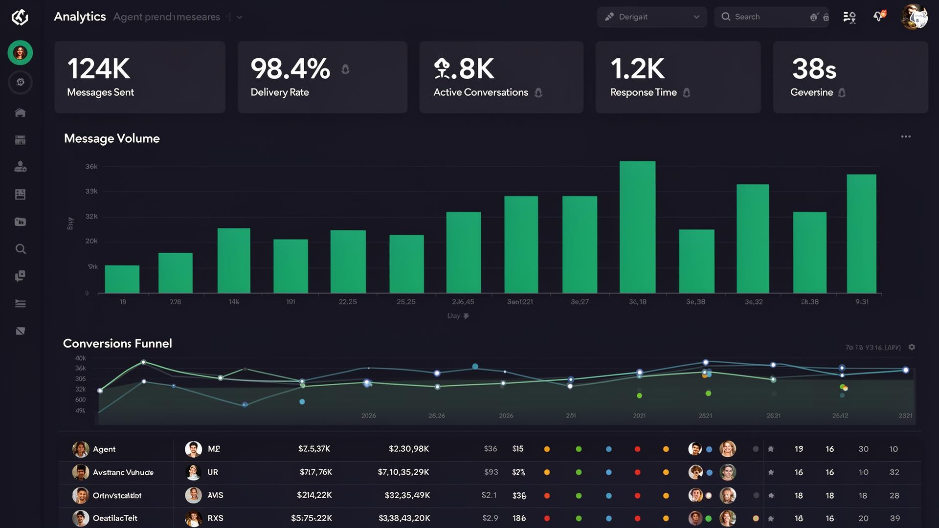 ChatMint analytics dashboard showing message volume, delivery rate and agent performance